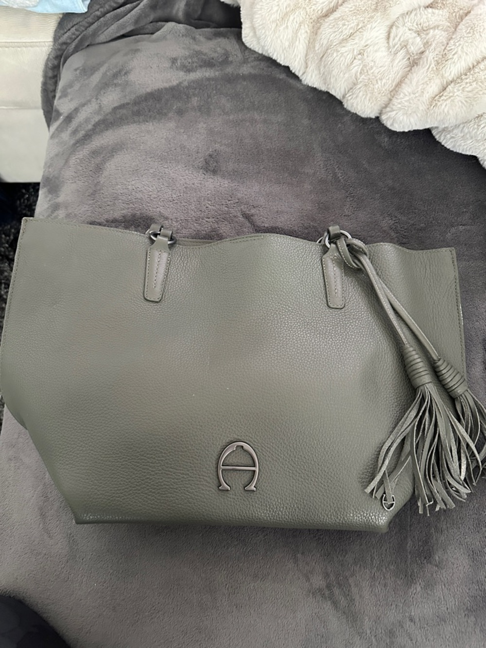 Etienne Aigner Olive Green Pebble Leather Tassel Tote